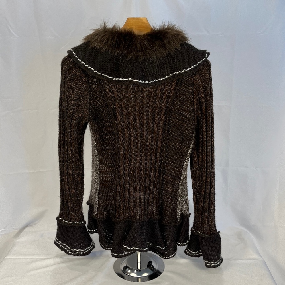 Sioni Faux Fur Trim Knit Cardigan Sweater Size L Brown Boho - Picture 2 of 8